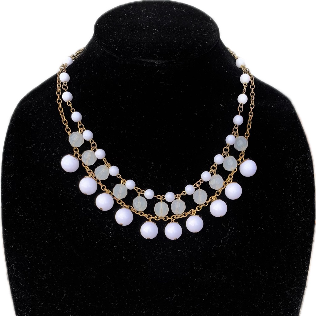 Gloria Vanderbilt Chic Clear /White Beaded Necklace Gold Tone Multi Layered 23”